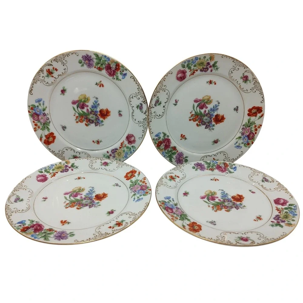 Vintage SGK China Salad Plate Floral Pattern‎ Gold Trim Scroll Set of Four